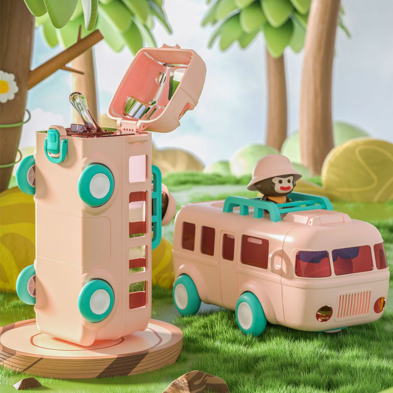 Tragbare Wasserflasche in Busform mit Tragegurt