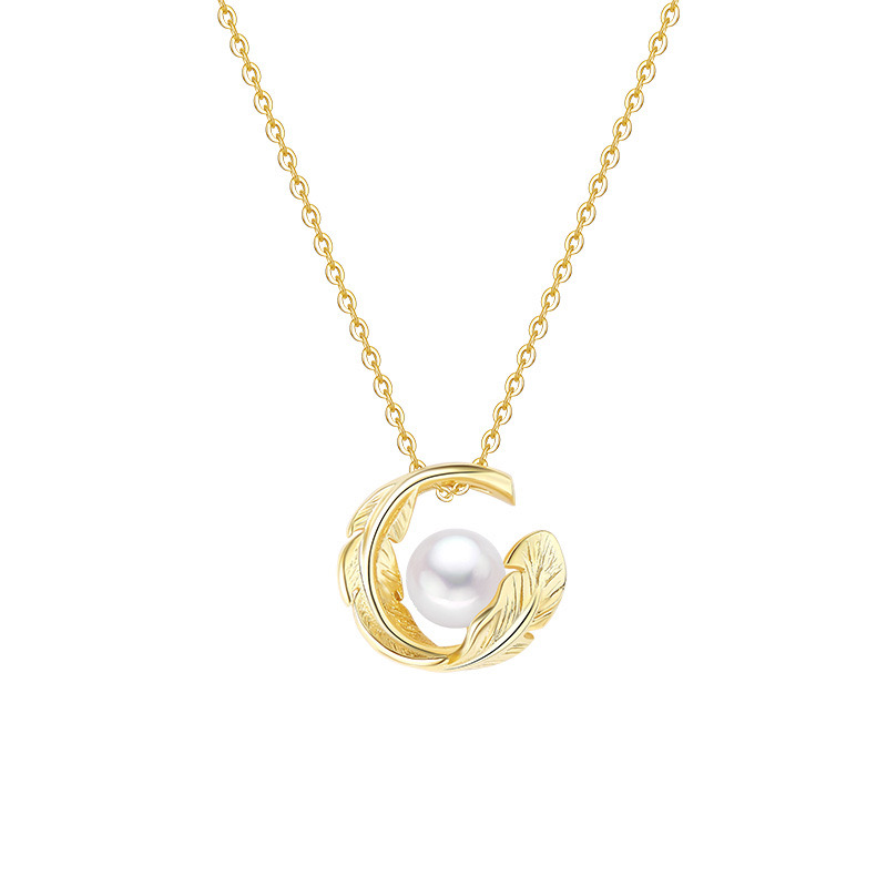 Sterling silver gold plated feather pearl necklace