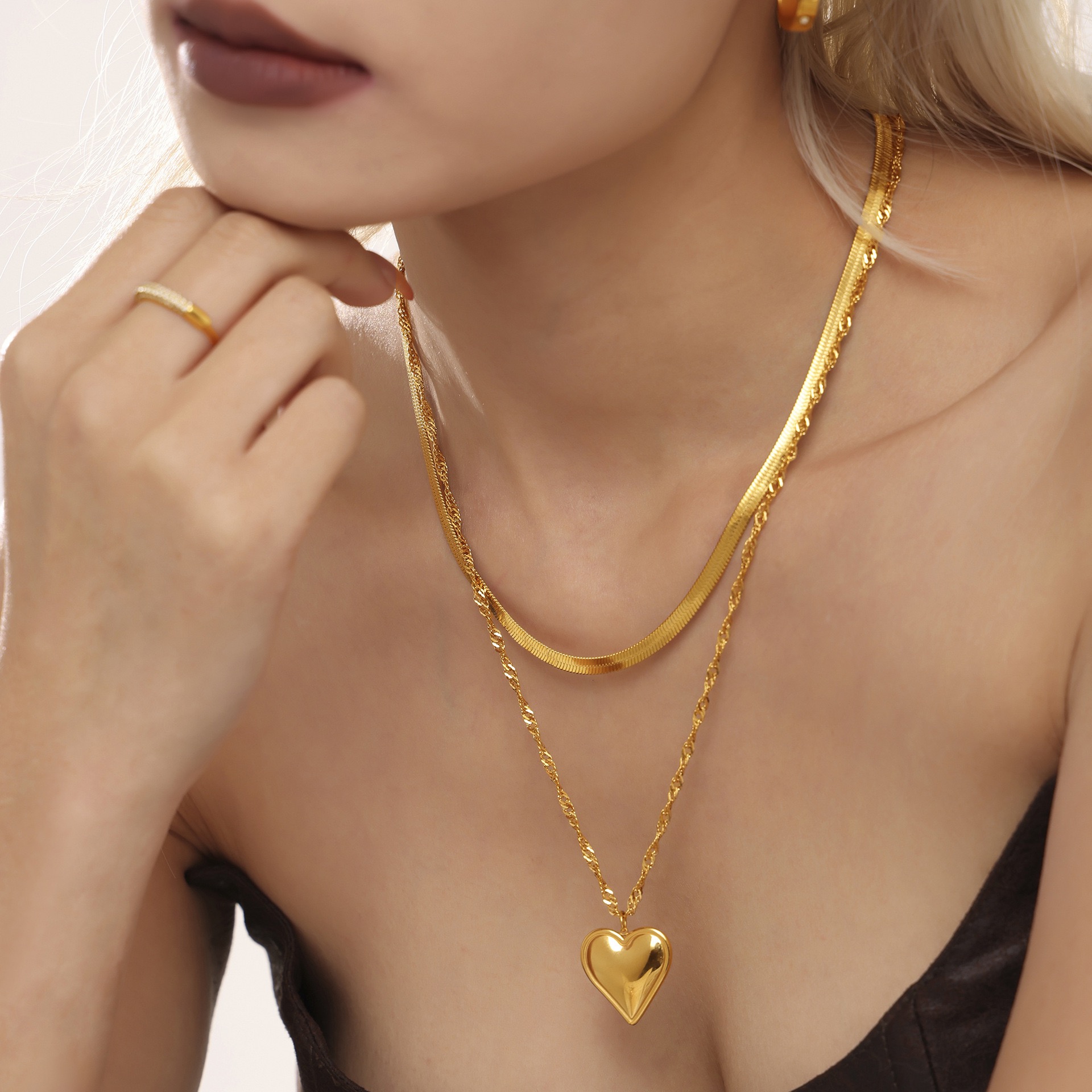 Double layer 18K gold plated heart necklace