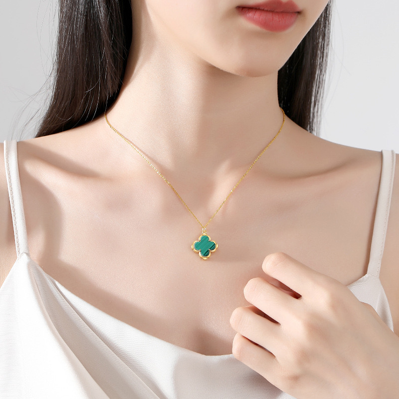 Four-leaf clover-Malachite necklace 18K